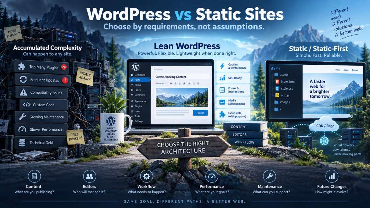 WordPress vs static site architecture showing lean WordPress, technical debt and static-first delivery