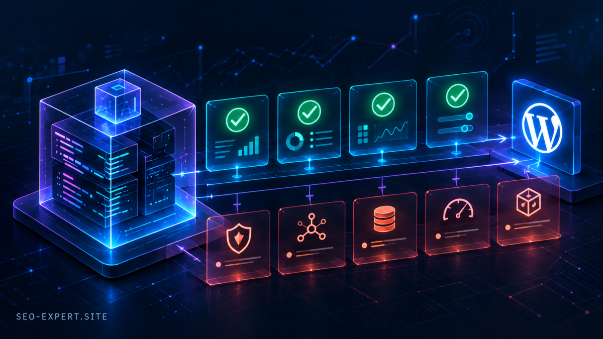 AI-generated WordPress code review pipeline showing passed tests alongside architecture, security, database, performance and deployment checks