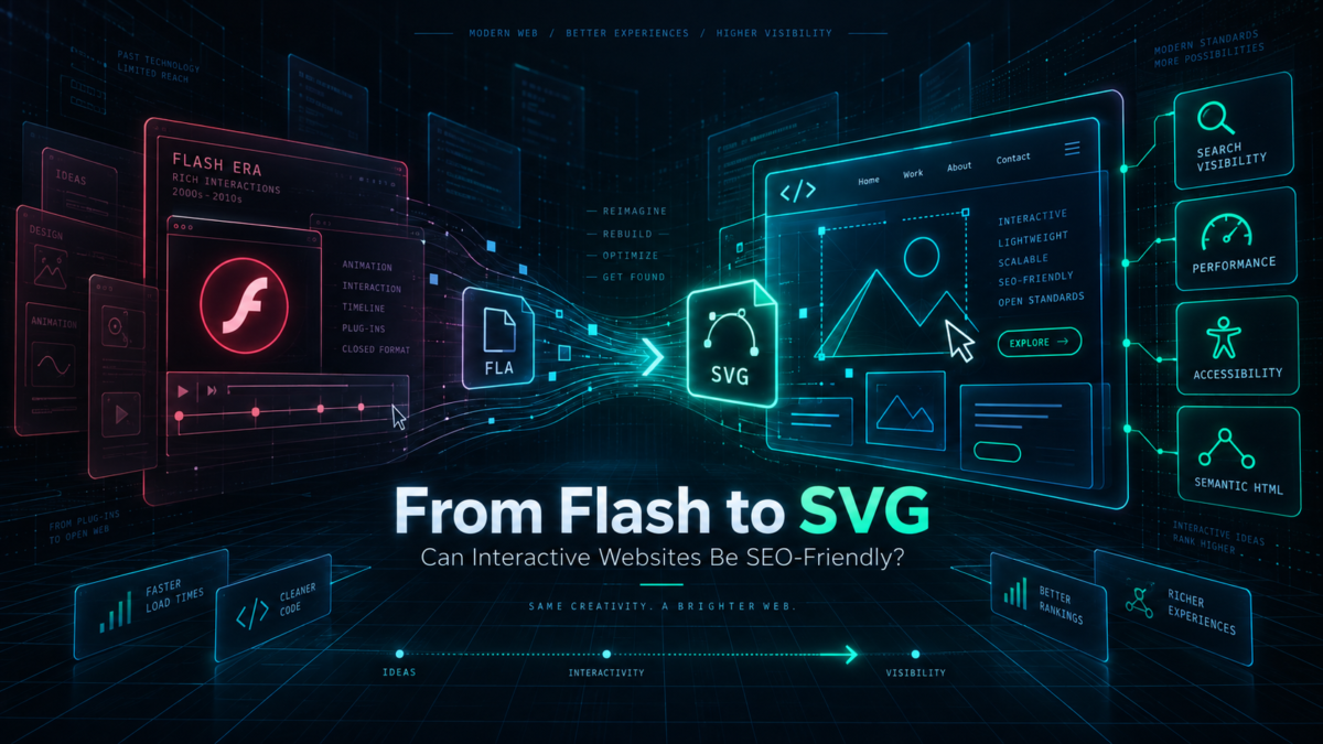 Visual transition from Flash-era web design to modern interactive SVG with SEO, performance and accessibility
