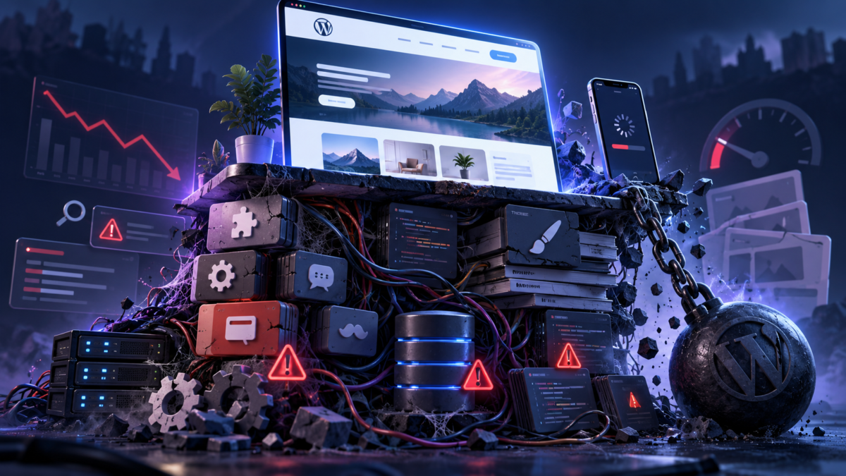 WordPress technical debt caused by outdated plugins and heavy themes